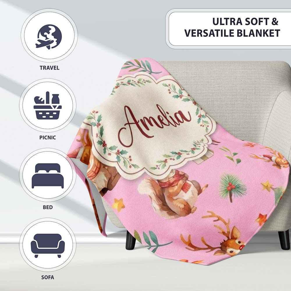 Christmas Reindeer Squirrel Gift Festive Elements on Pink Personalised Custom Name Super Soft Fleece Blanket Bed Sofa Throw
