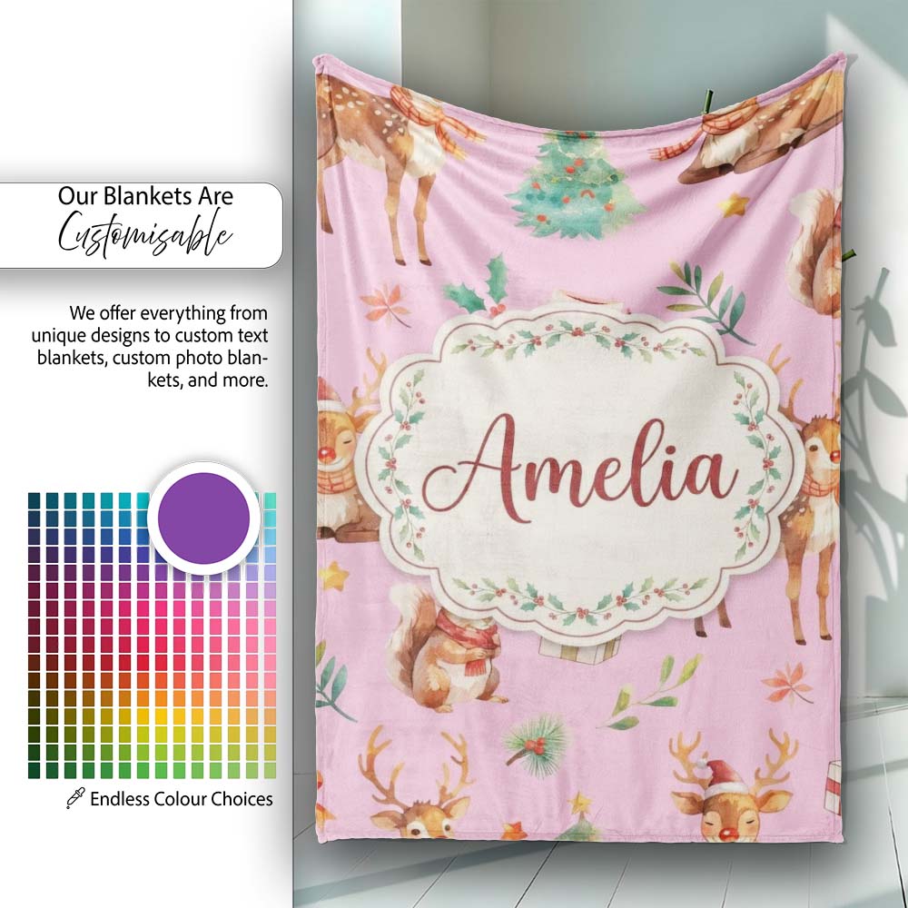 Christmas Reindeer Squirrel Gift Festive Elements on Pink Personalised Custom Name Super Soft Fleece Blanket Bed Sofa Throw