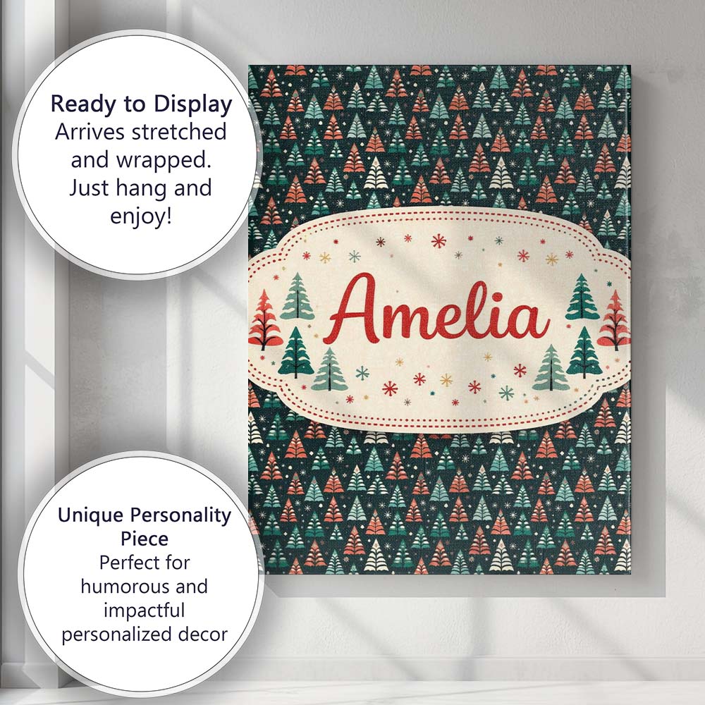 Personalised Name Dark Background Christmas Trees Festive Seamless Custom Unique Canvas Wall Art Print Decor Picture Ready to Hang