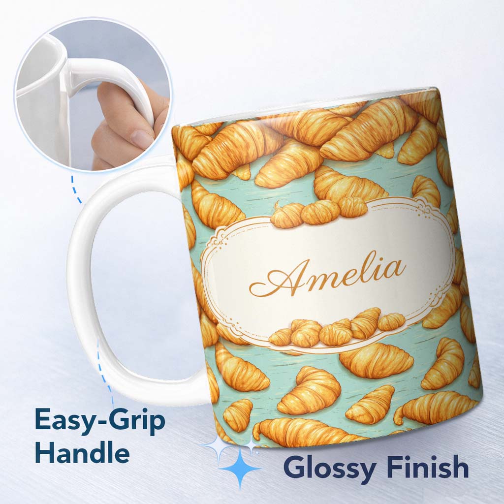 Personalized Custom Name Rustic Croissant Illustration Vintage Blue Wood Seamless Pattern 11oz Ceramic Coffee Tea Mug White Large Handle