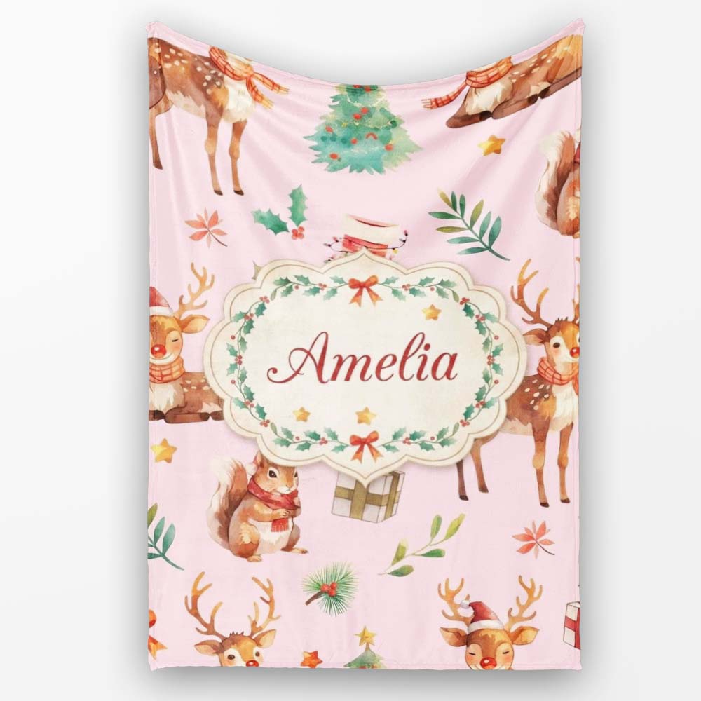 Christmas Reindeer Squirrel Gift Festive Elements on Beige Personalised Custom Name Super Soft Fleece Blanket Bed Sofa Throw