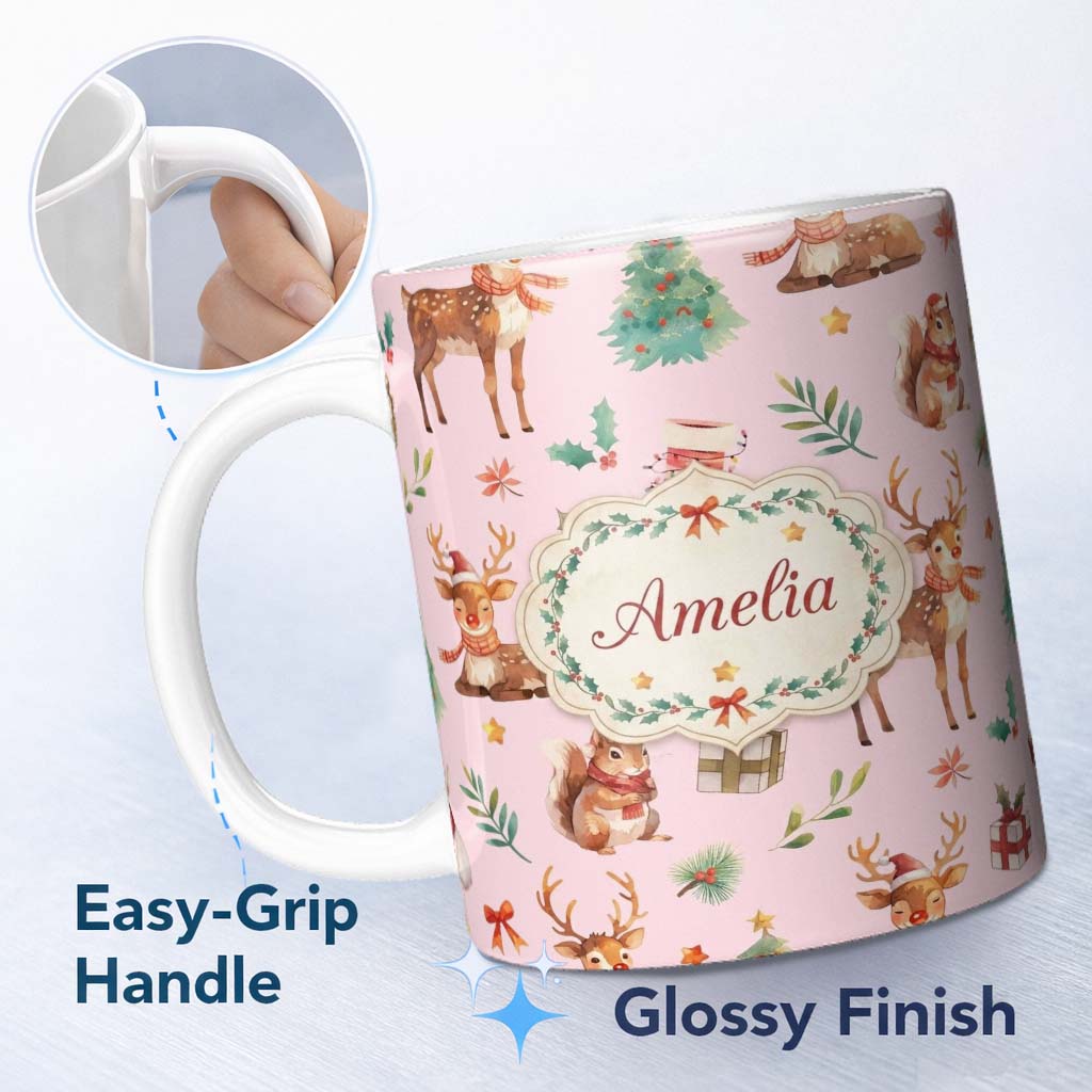 Personalized Custom Name Christmas Reindeer Squirrel Gift Festive Elements on Beige 11oz Ceramic Coffee Tea Mug White Large Handle