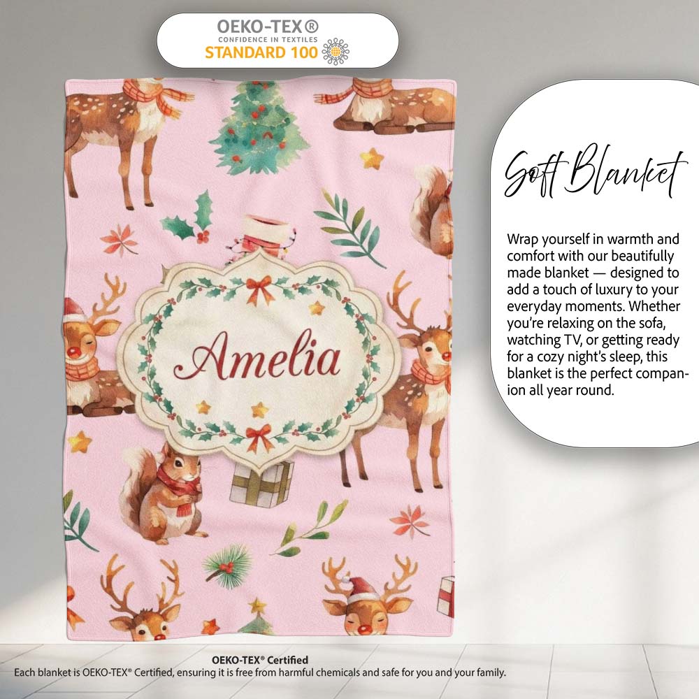 Christmas Reindeer Squirrel Gift Festive Elements on Beige Personalised Custom Name Super Soft Fleece Blanket Bed Sofa Throw