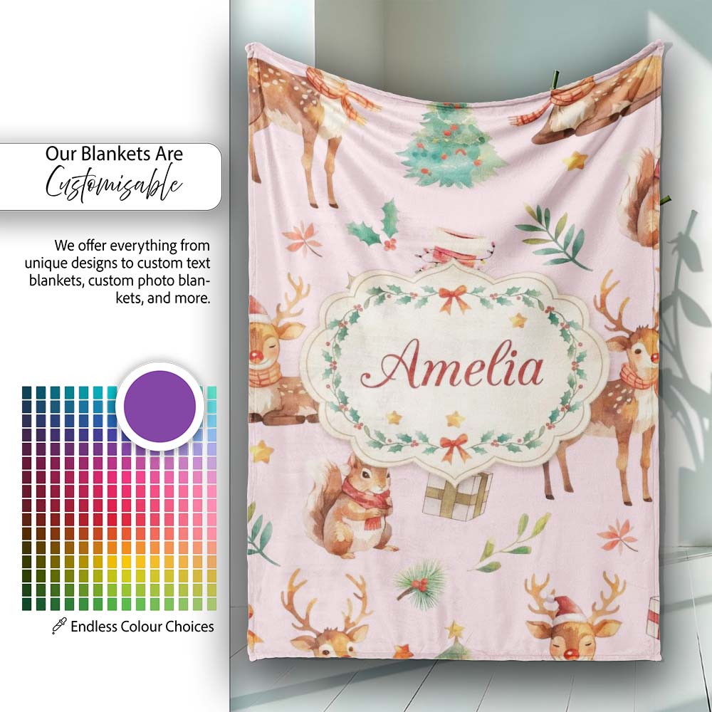 Christmas Reindeer Squirrel Gift Festive Elements on Beige Personalised Custom Name Super Soft Fleece Blanket Bed Sofa Throw