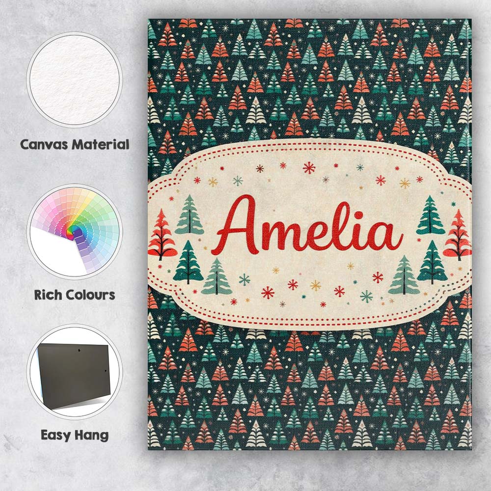 Personalised Name Dark Background Christmas Trees Festive Seamless Custom Unique Canvas Wall Art Print Decor Picture Ready to Hang