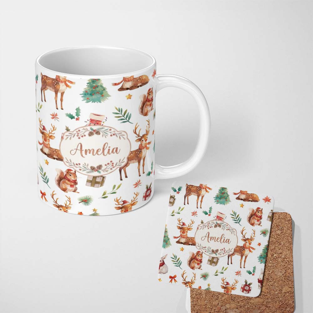Personalized Custom Name Christmas Reindeer Squirrel Gift Festive Elements White Background 11oz Ceramic Coffee Tea Mug White Large Handle