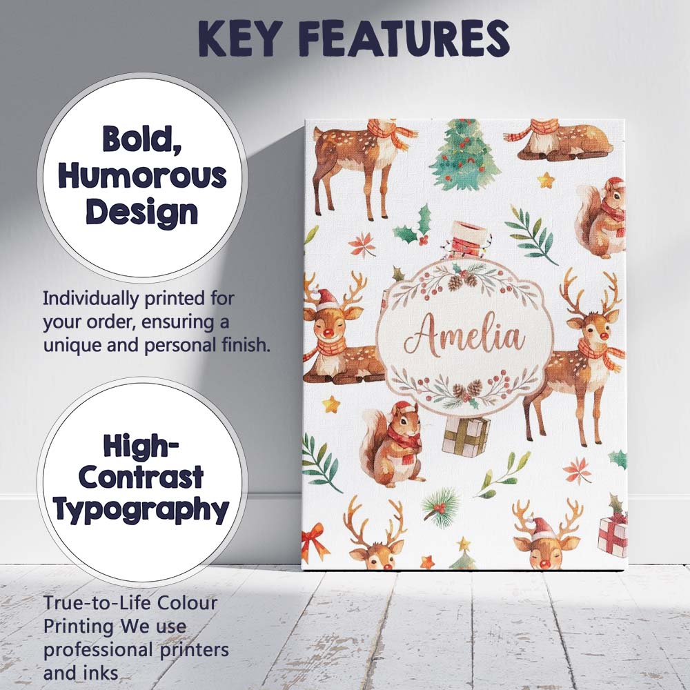 Personalised Name Christmas Reindeer Custom Premium Decorative Design Modern Room Accent Canvas Wall Art Print Decor Picture Ready to Hang