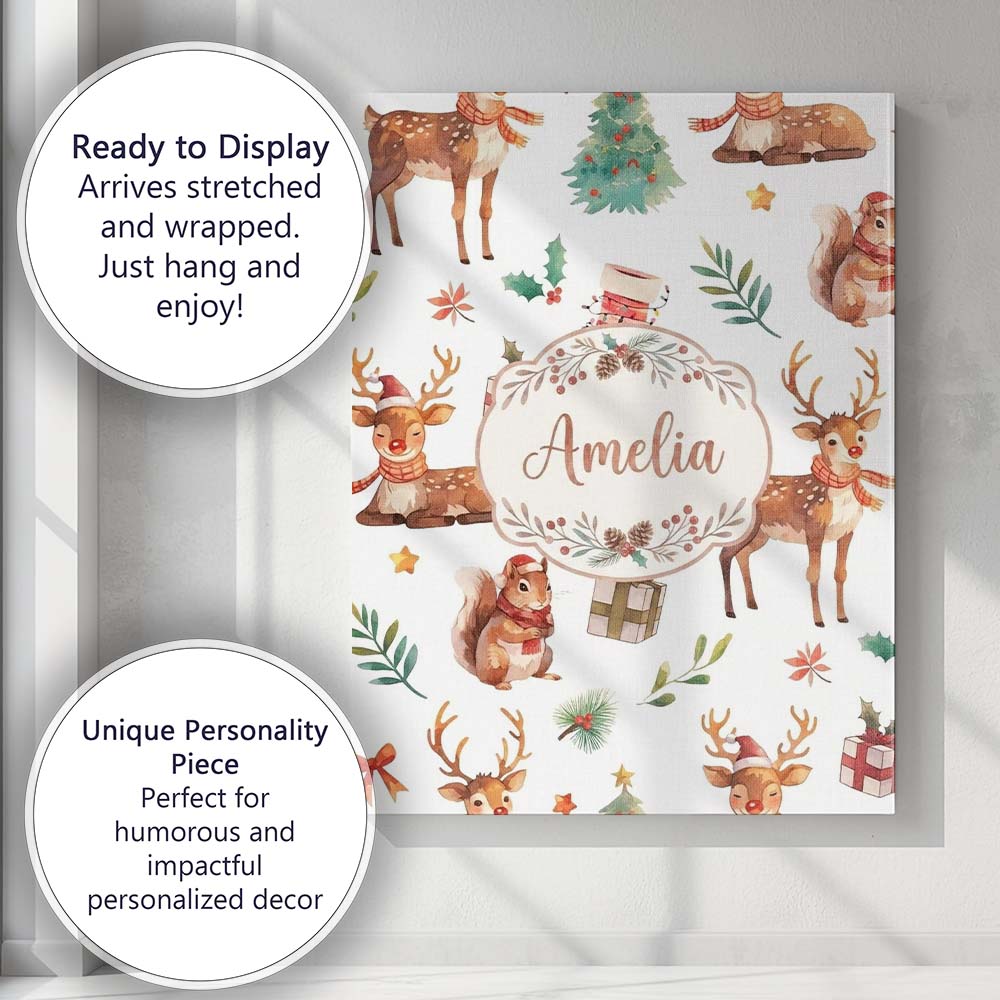 Personalised Name Christmas Reindeer Custom Premium Decorative Design Modern Room Accent Canvas Wall Art Print Decor Picture Ready to Hang
