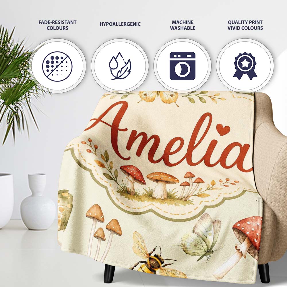 Vintage Butterfly Bees Mushrooms Illustration Sage Green Background Personalised Custom Name Super Soft Fleece Blanket Bed Sofa Throw