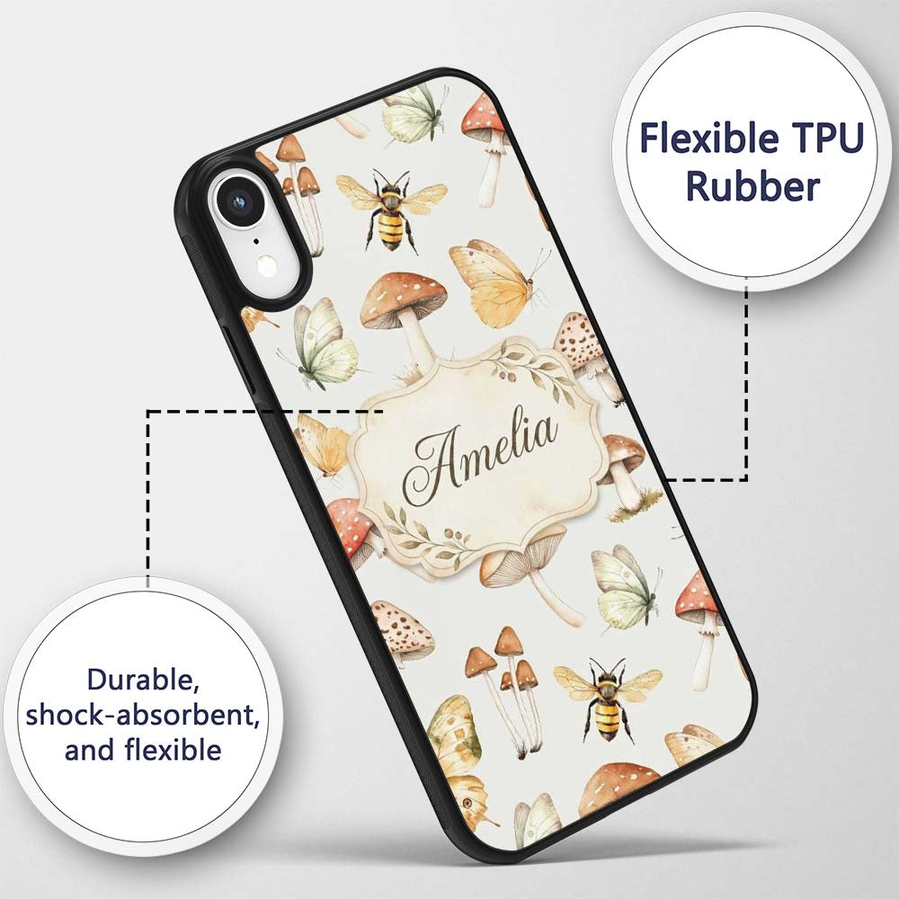 Vintage Butterfly Bees Mushrooms Illustration Custom Name Protective Phone Case Mobile Cover Durable Everyday Smartphone Shock Resistant