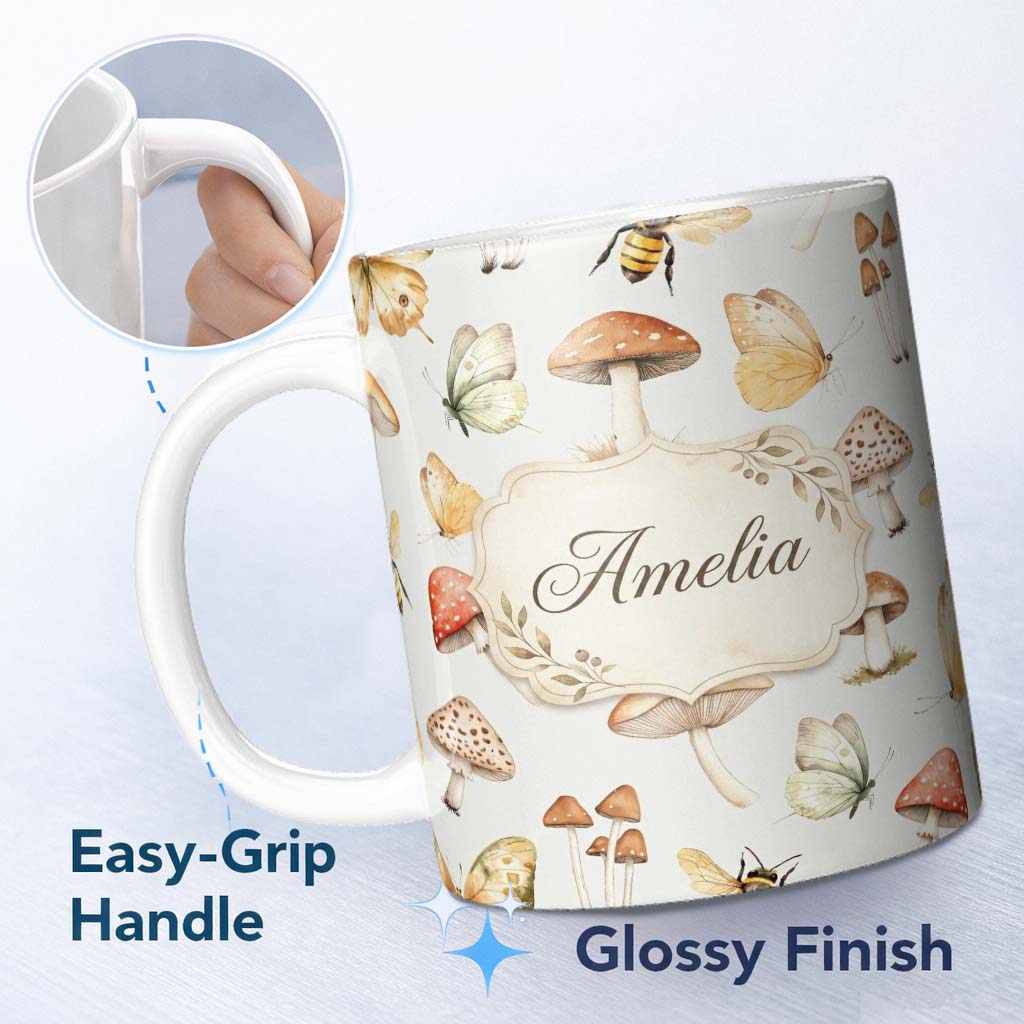 Personalized Custom Name Vintage Butterfly Bees Mushrooms Illustration Light Beige 11oz Ceramic Coffee Tea Mug White Large Handle