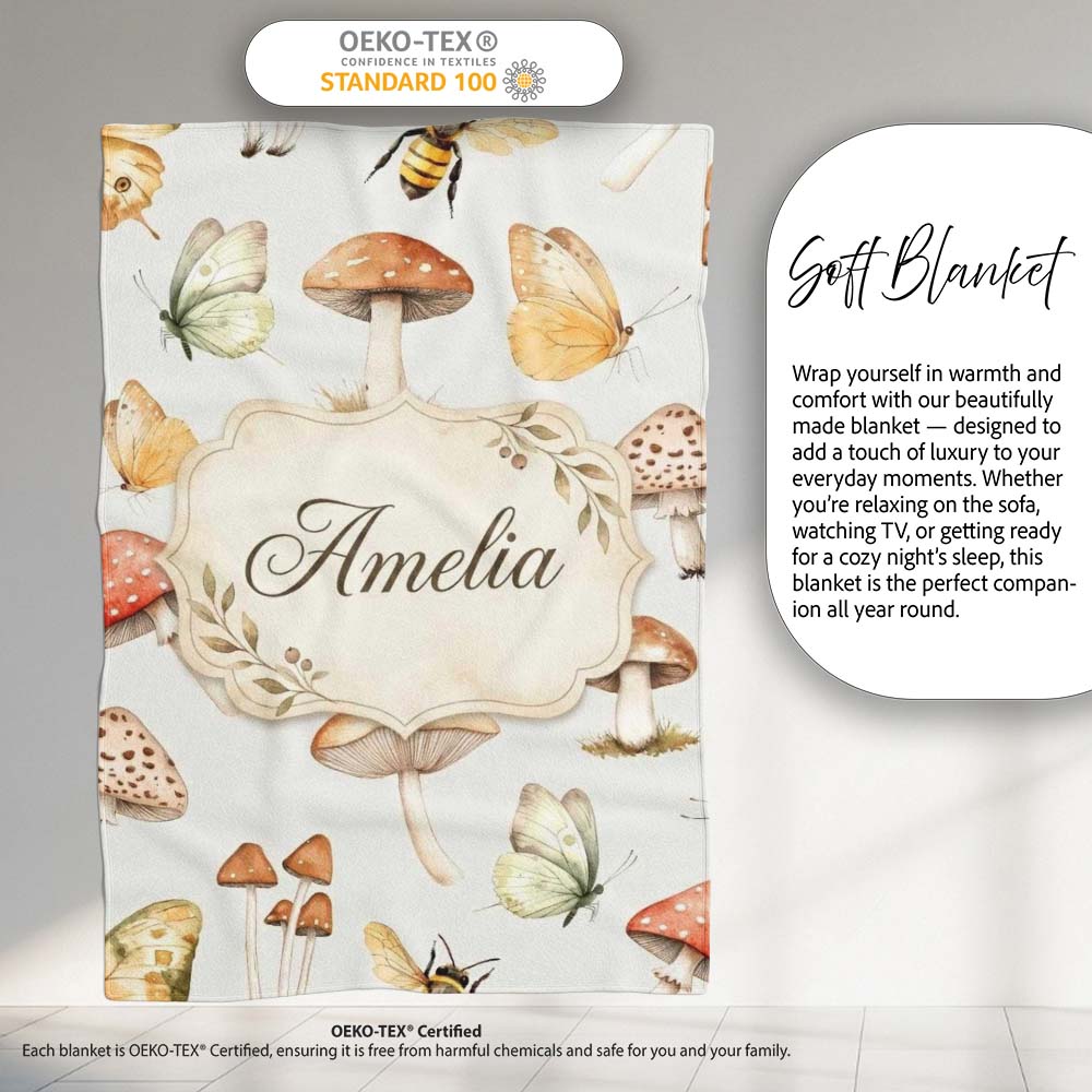 Vintage Butterfly Bees Mushrooms Illustration Light Beige Personalised Custom Name Super Soft Fleece Blanket Bed Sofa Throw