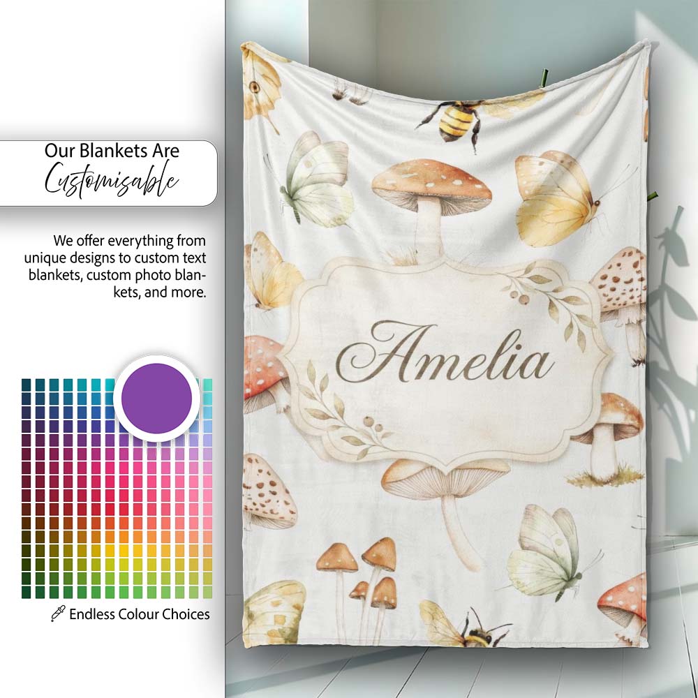 Vintage Butterfly Bees Mushrooms Illustration Light Beige Personalised Custom Name Super Soft Fleece Blanket Bed Sofa Throw
