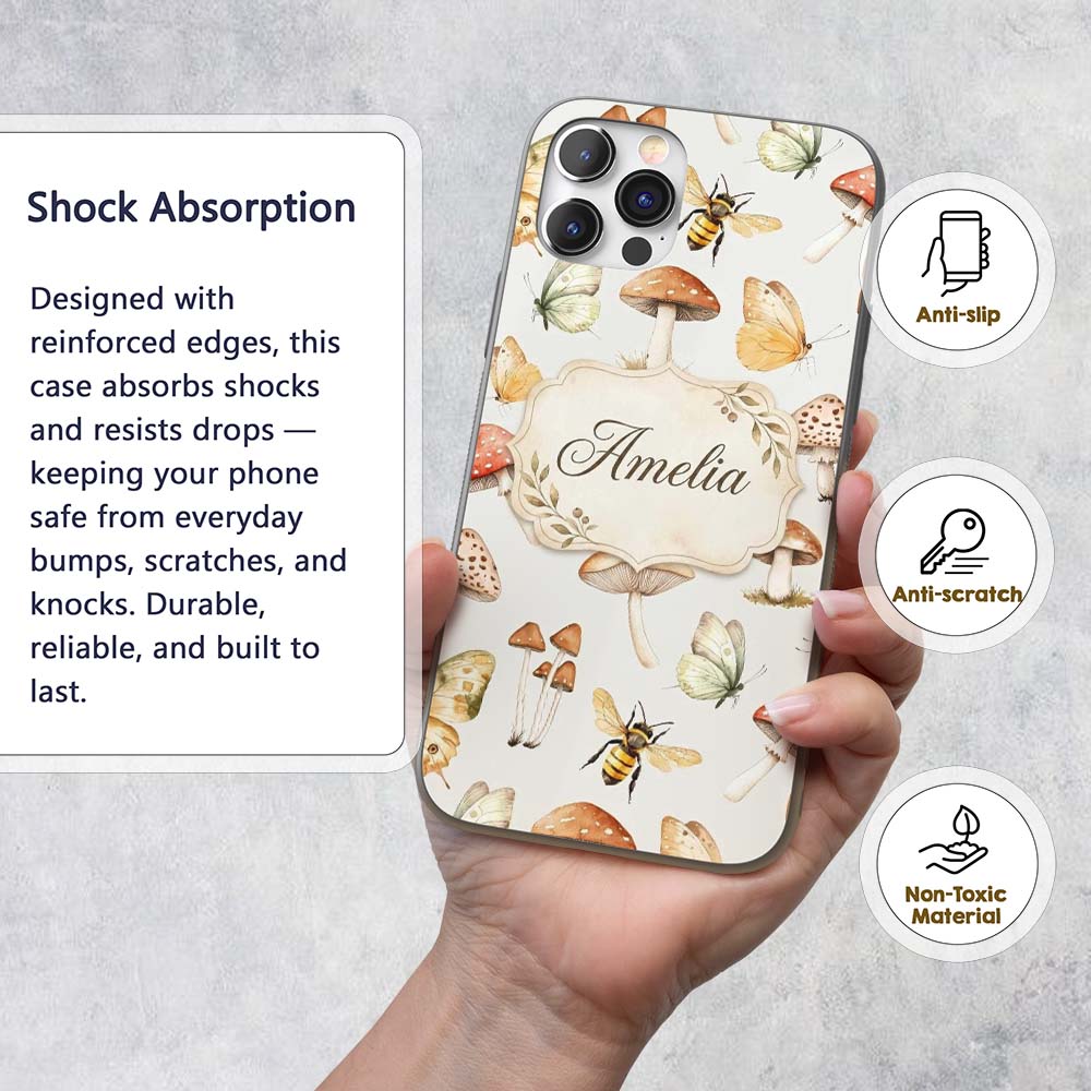 Vintage Butterfly Bees Mushrooms Illustration Custom Name Protective Phone Case Mobile Cover Durable Everyday Smartphone Shock Resistant