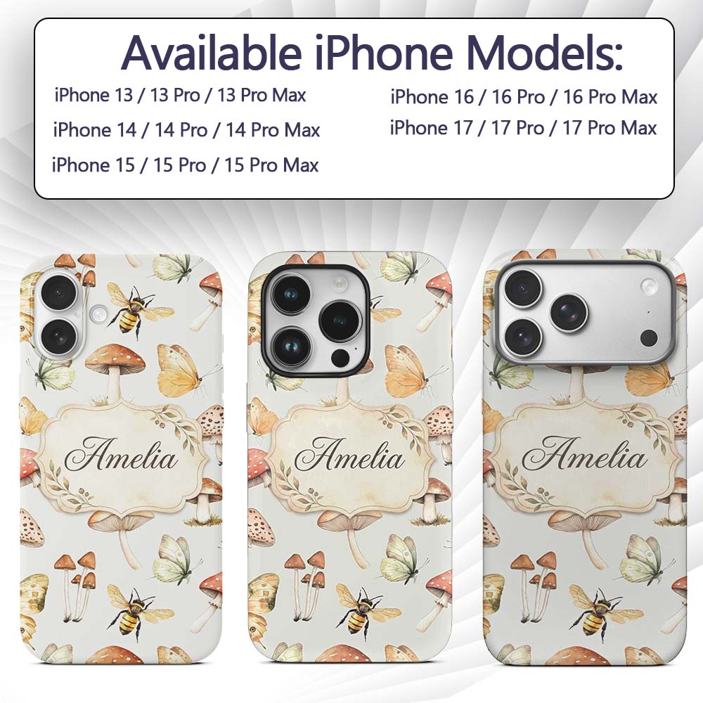 Vintage Butterfly Bees Mushrooms Illustration Custom Name Protective Phone Case Mobile Cover Durable Everyday Smartphone Shock Resistant