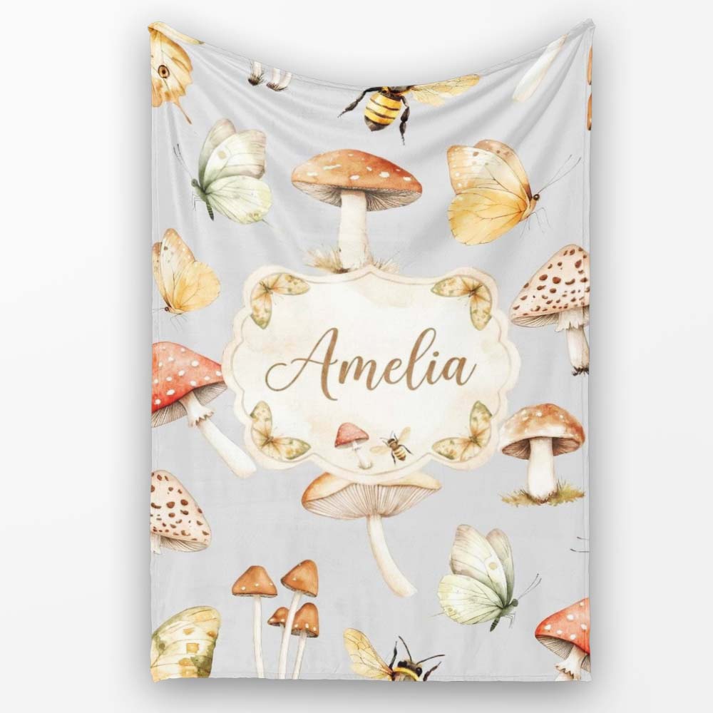 Vintage Butterfly Bees Mushrooms Illustration Soft Grey Background Personalised Custom Name Super Soft Fleece Blanket Bed Sofa Throw