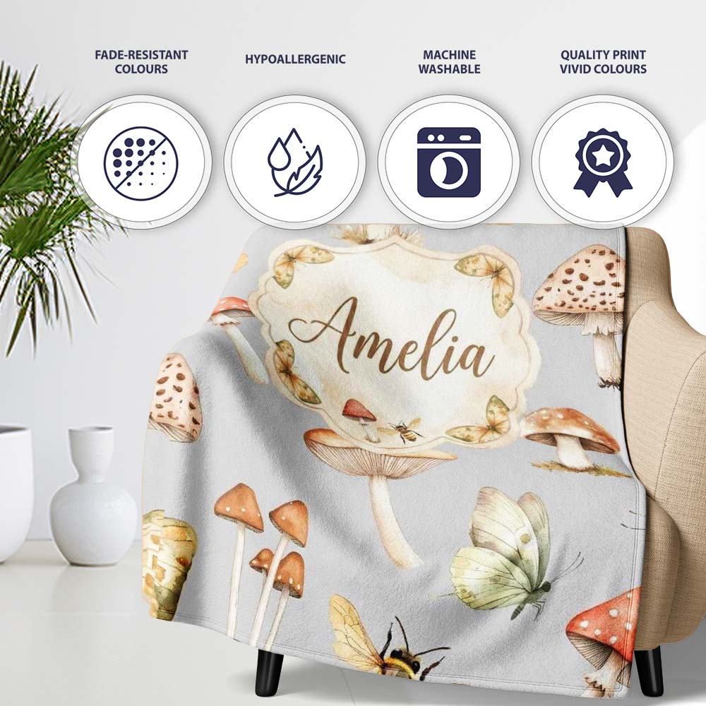 Vintage Butterfly Bees Mushrooms Illustration Soft Grey Background Personalised Custom Name Super Soft Fleece Blanket Bed Sofa Throw