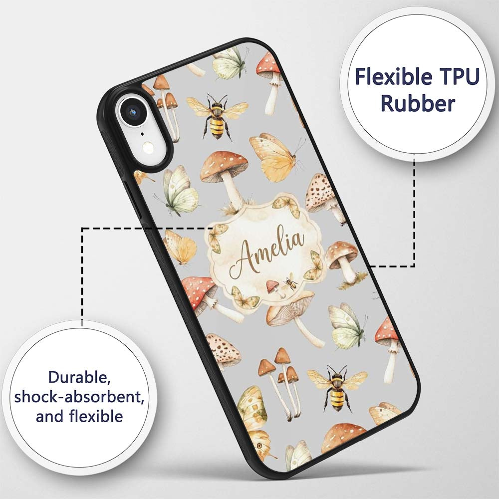 Vintage Butterfly Bees Mushrooms Illustration Custom Name Protective Phone Case Mobile Cover Durable Everyday Smartphone Shock Resistant