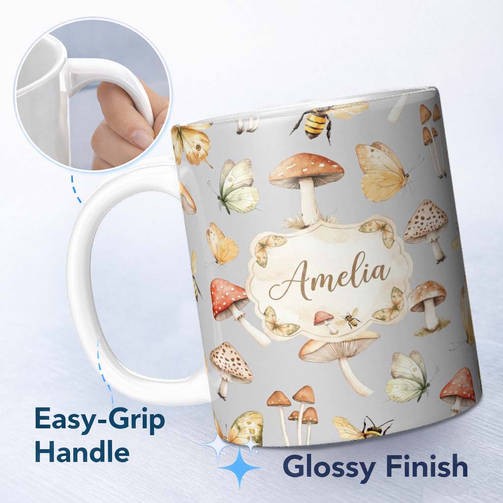 Personalized Custom Name Vintage Butterfly Bees Mushrooms Illustration Soft Grey Background 11oz Ceramic Coffee Tea Mug White Large Handle
