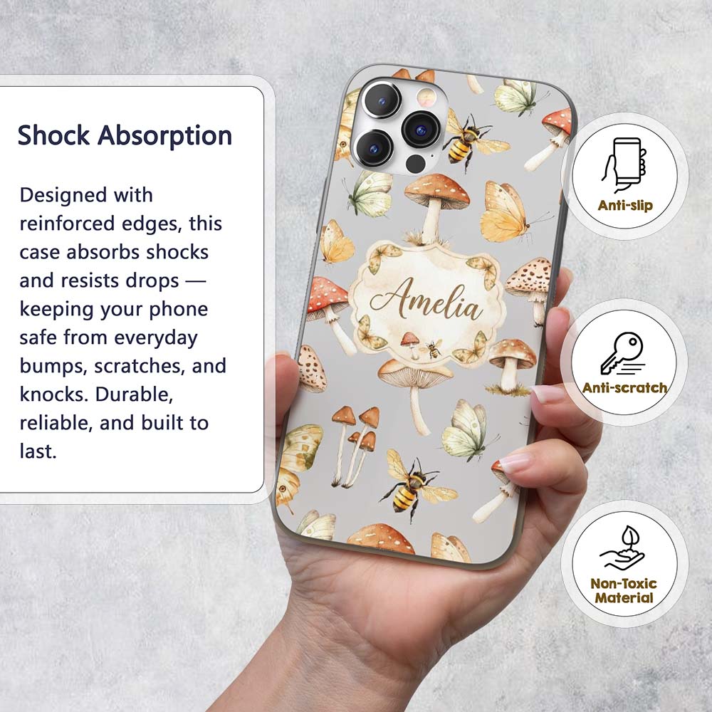 Vintage Butterfly Bees Mushrooms Illustration Custom Name Protective Phone Case Mobile Cover Durable Everyday Smartphone Shock Resistant