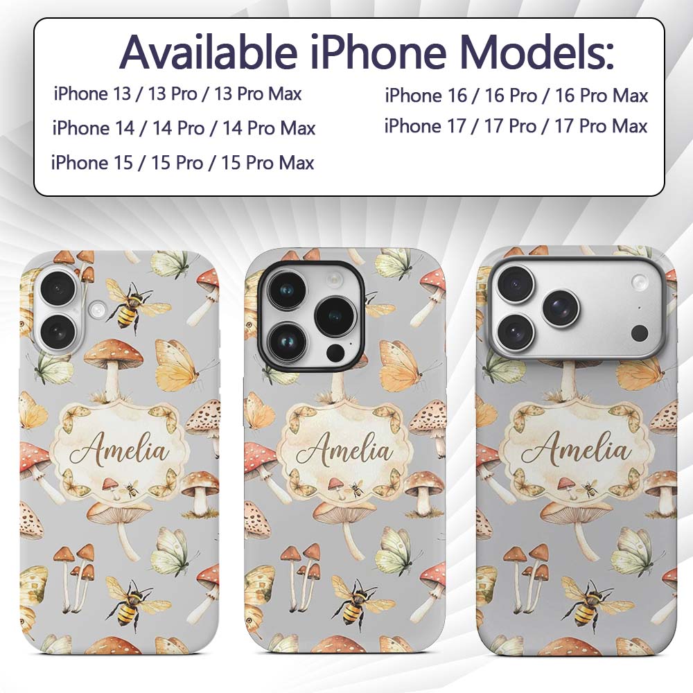 Vintage Butterfly Bees Mushrooms Illustration Custom Name Protective Phone Case Mobile Cover Durable Everyday Smartphone Shock Resistant