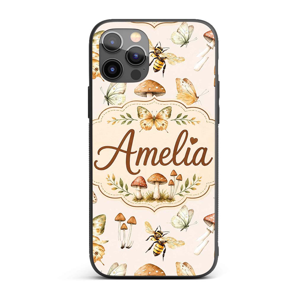 Vintage Butterfly Bees Mushrooms Illustration Custom Name Protective Phone Case Mobile Cover Durable Everyday Smartphone Shock Resistant