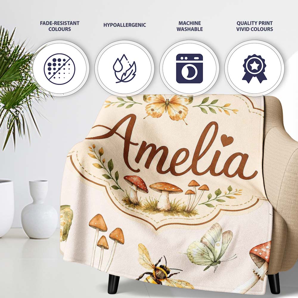 Vintage Butterfly Bees Mushrooms Illustration Warm Cream Background Personalised Custom Name Super Soft Fleece Blanket Bed Sofa Throw