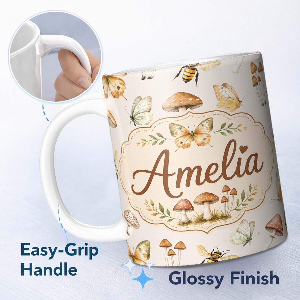 Personalized Custom Name Vintage Butterfly Bees Mushrooms Illustration Warm Cream Background 11oz Ceramic Coffee Tea Mug White Large Handle