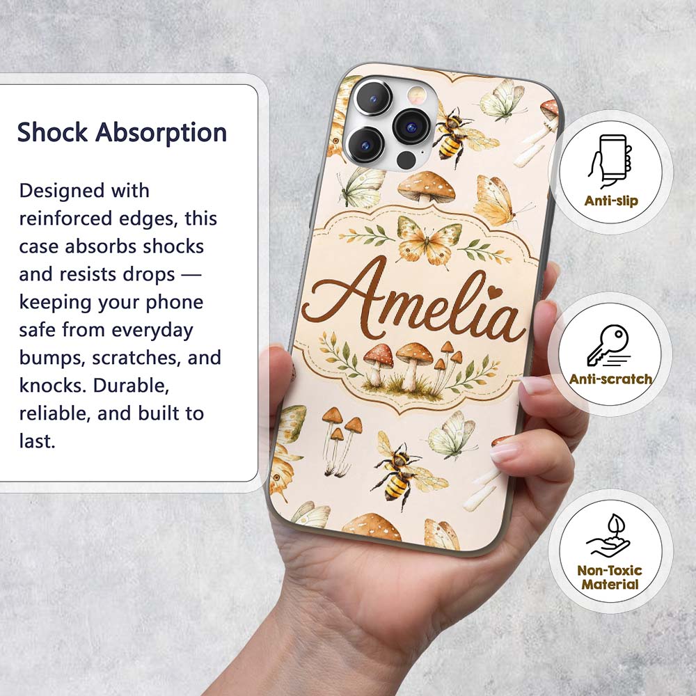 Vintage Butterfly Bees Mushrooms Illustration Custom Name Protective Phone Case Mobile Cover Durable Everyday Smartphone Shock Resistant