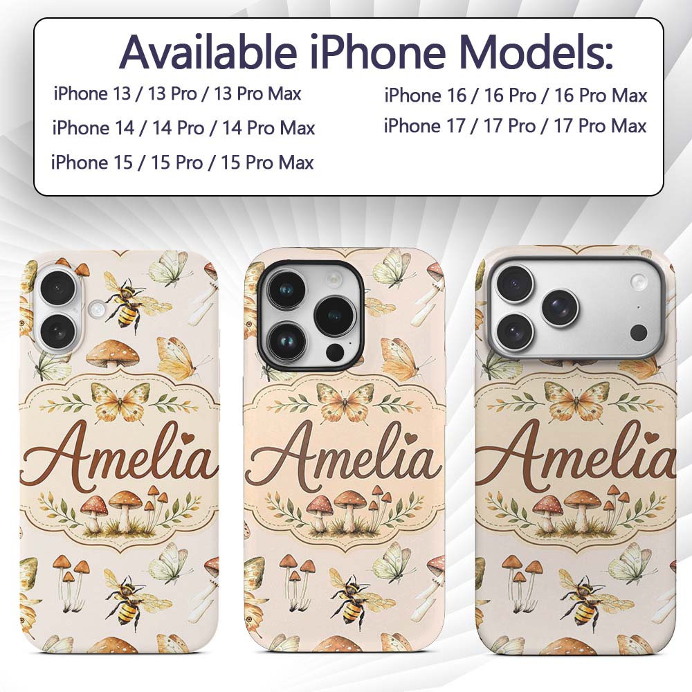 Vintage Butterfly Bees Mushrooms Illustration Custom Name Protective Phone Case Mobile Cover Durable Everyday Smartphone Shock Resistant