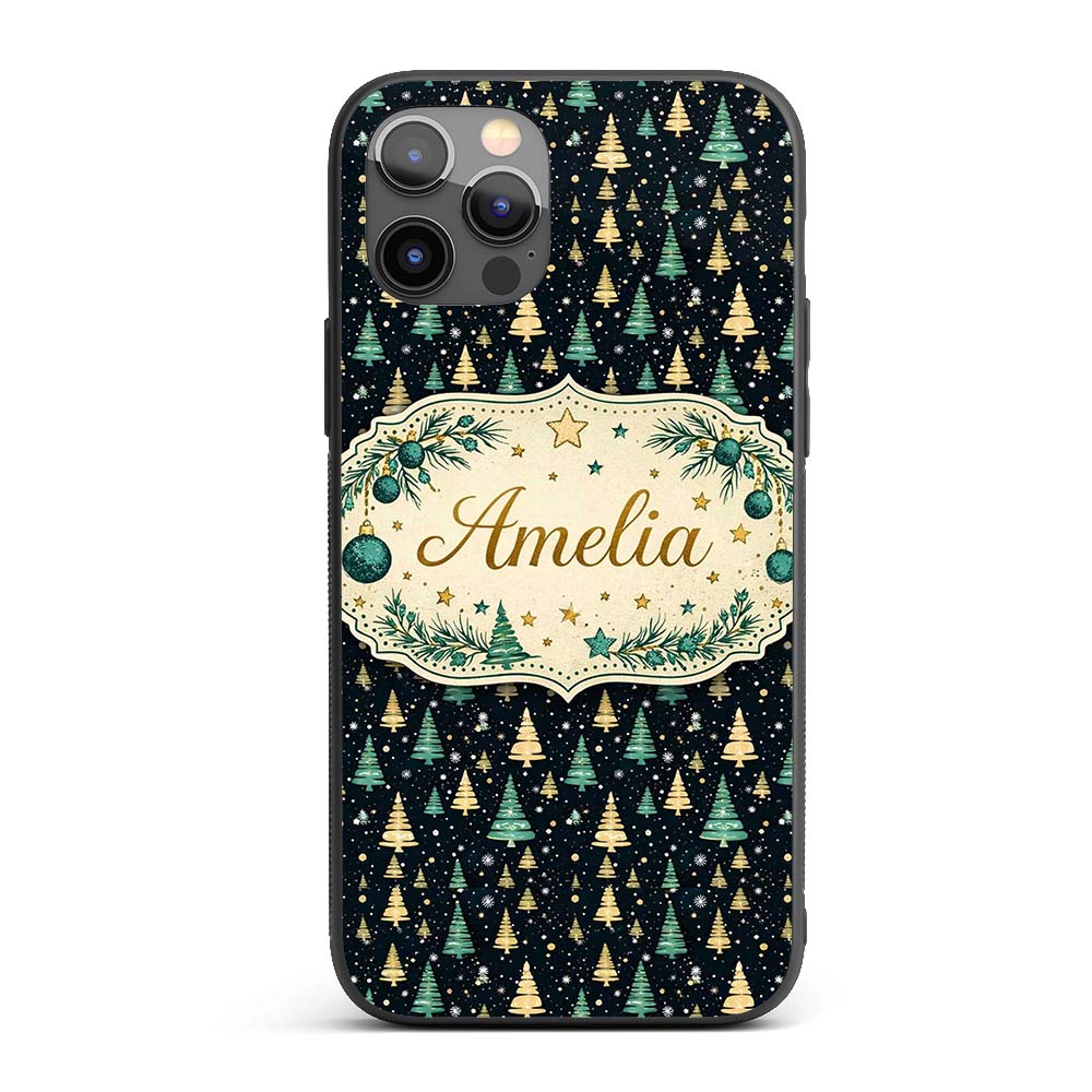 Elegant Gold Green Christmas Trees Night Seamless Custom Name Protective Phone Case Mobile Cover Durable Everyday Smartphone Shock Resistant