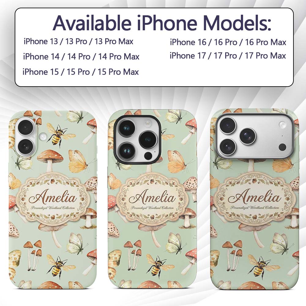 Vintage Butterfly Bees Mushrooms Illustration Custom Name Protective Phone Case Mobile Cover Durable Everyday Smartphone Shock Resistant