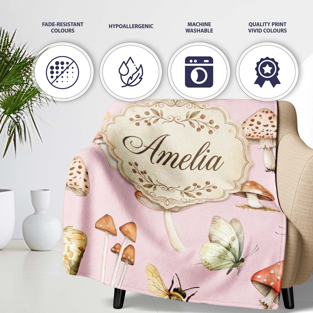 Vintage Butterfly Bees Mushrooms Illustration Soft Pink Background Personalised Custom Name Super Soft Fleece Blanket Bed Sofa Throw