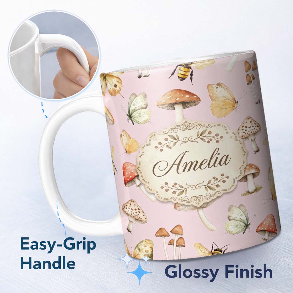 Personalized Custom Name Vintage Butterfly Bees Mushrooms Illustration Soft Pink Background 11oz Ceramic Coffee Tea Mug White Large Handle