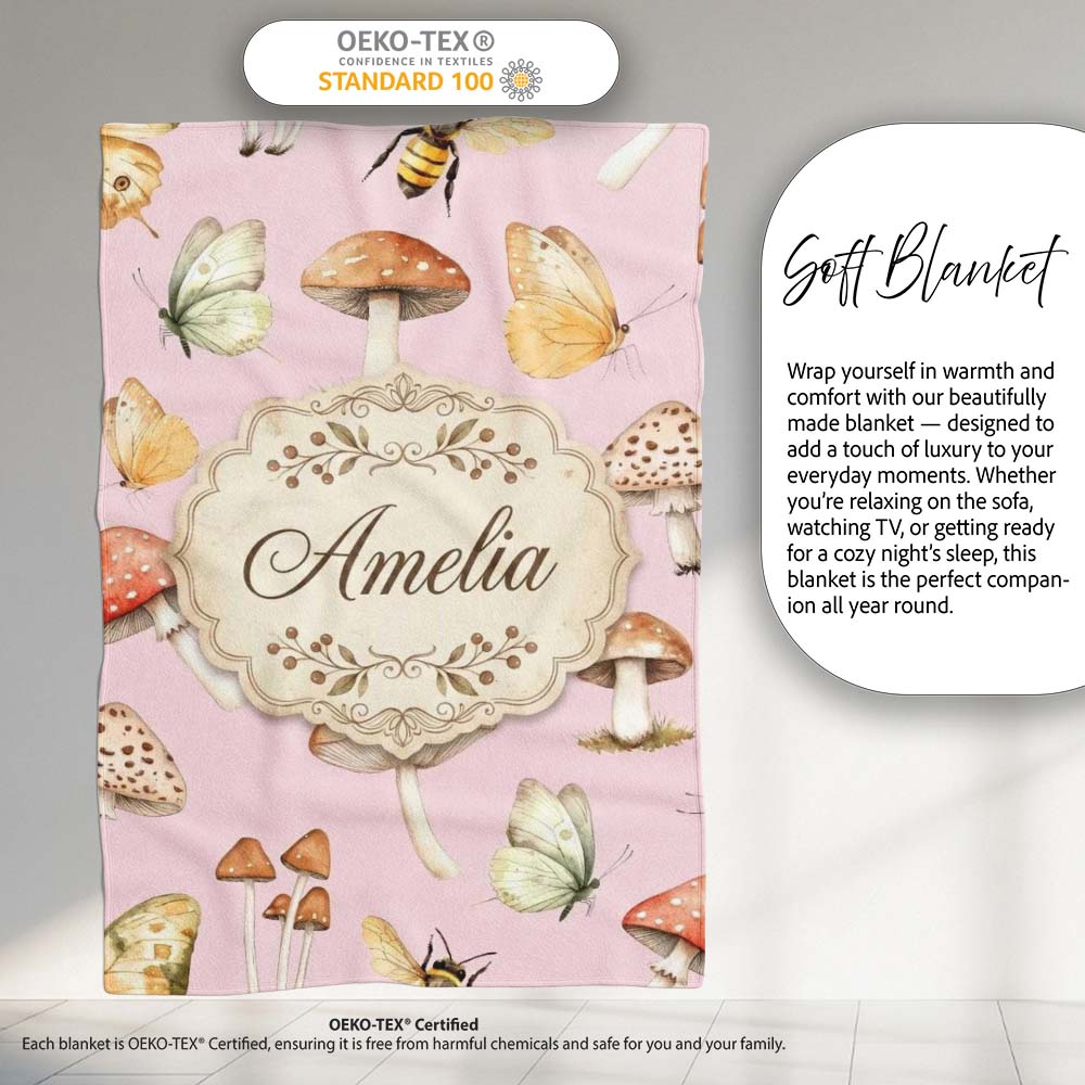 Vintage Butterfly Bees Mushrooms Illustration Soft Pink Background Personalised Custom Name Super Soft Fleece Blanket Bed Sofa Throw
