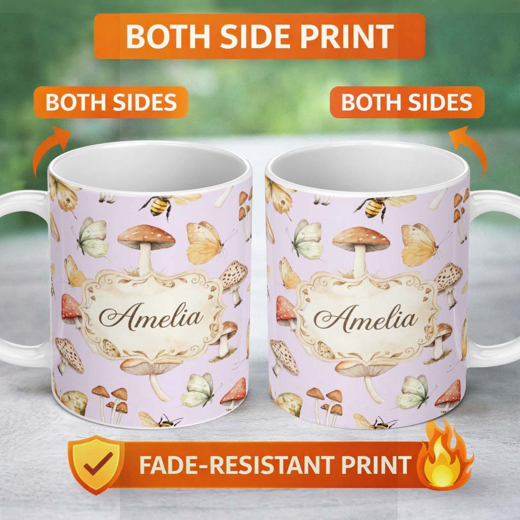 Personalized Custom Name Vintage Butterfly Bees Mushrooms Illustration Soft Lilac Background 11oz Ceramic Coffee Tea Mug White Large Handle