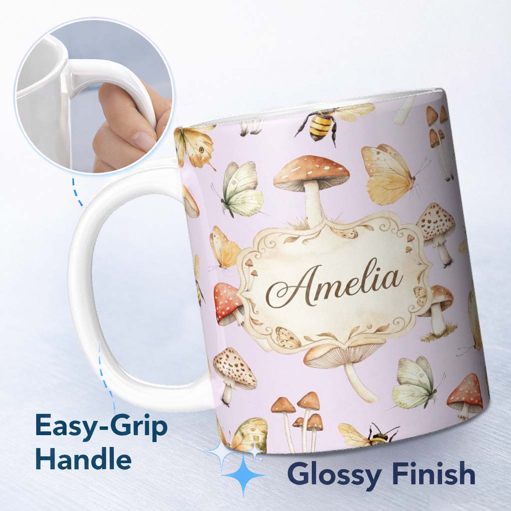 Personalized Custom Name Vintage Butterfly Bees Mushrooms Illustration Soft Lilac Background 11oz Ceramic Coffee Tea Mug White Large Handle