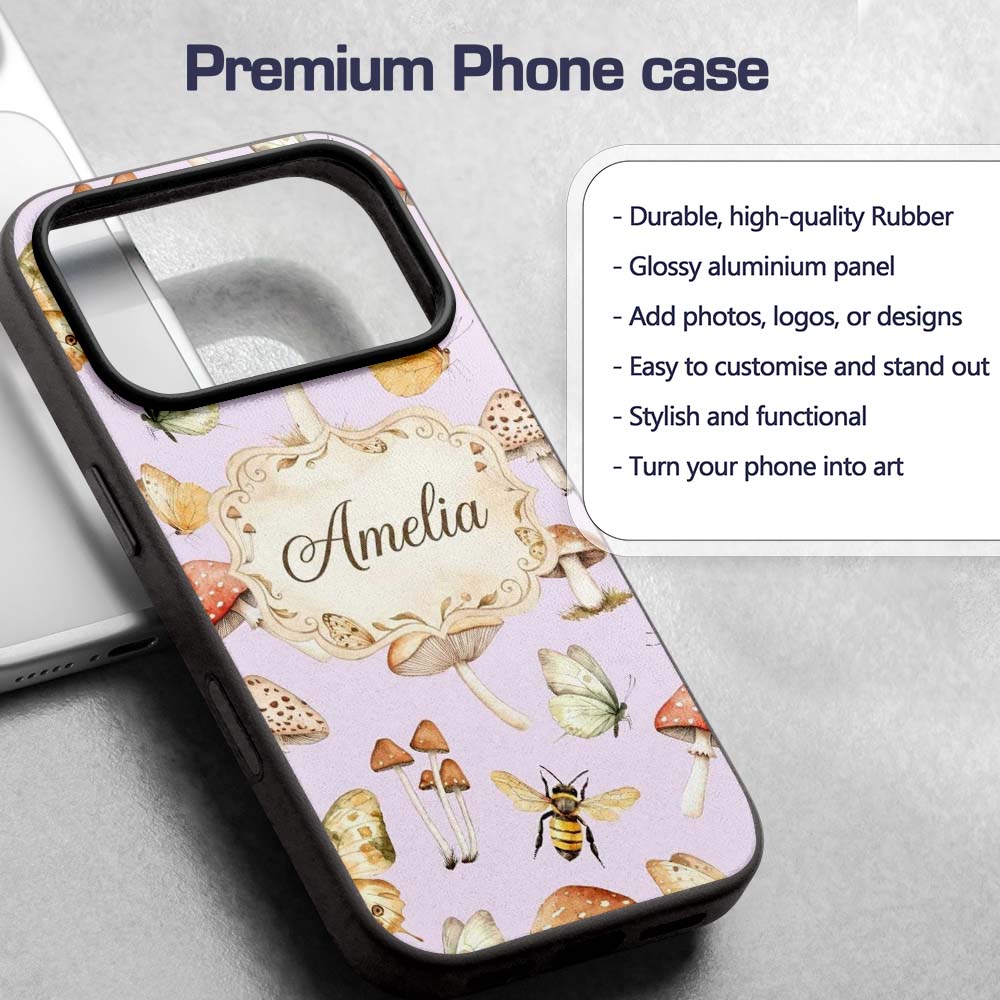 Vintage Butterfly Bees Mushrooms Illustration Custom Name Protective Phone Case Mobile Cover Durable Everyday Smartphone Shock Resistant