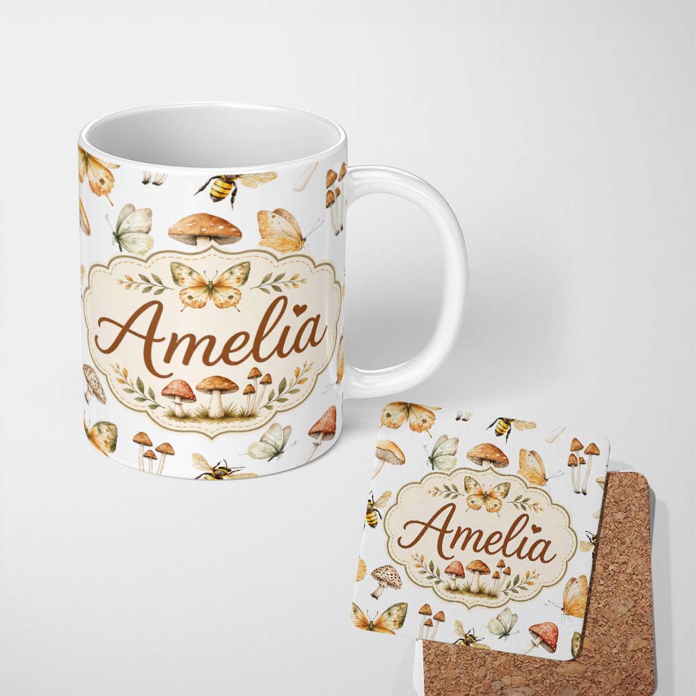 Personalized Custom Name Vintage Butterfly Bees Mushrooms Illustration Light Grey Background 11oz Ceramic Coffee Tea Mug White Large Handle