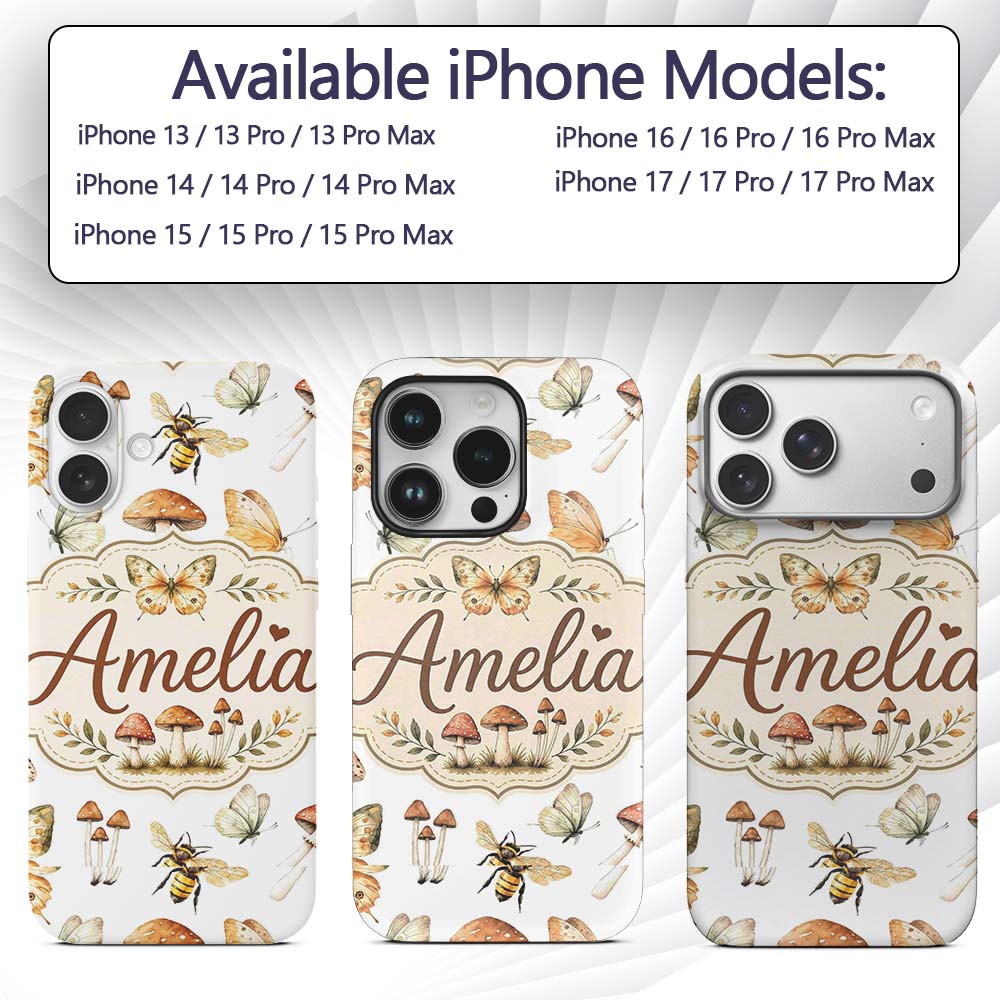 Vintage Butterfly Bees Mushrooms Illustration Custom Name Protective Phone Case Mobile Cover Durable Everyday Smartphone Shock Resistant