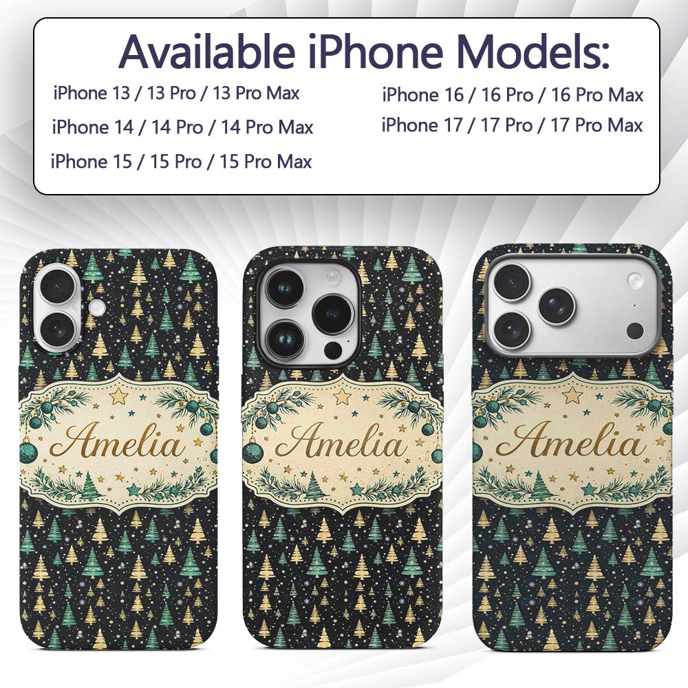 Elegant Gold Green Christmas Trees Night Seamless Custom Name Protective Phone Case Mobile Cover Durable Everyday Smartphone Shock Resistant