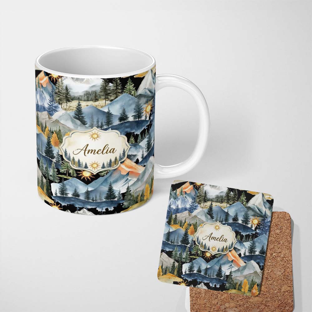 Personalized Custom Name Watercolor Forest Mountains Pine Trees Scenic Soft Beige Background 11oz Ceramic Coffee Tea Mug White Large Handle