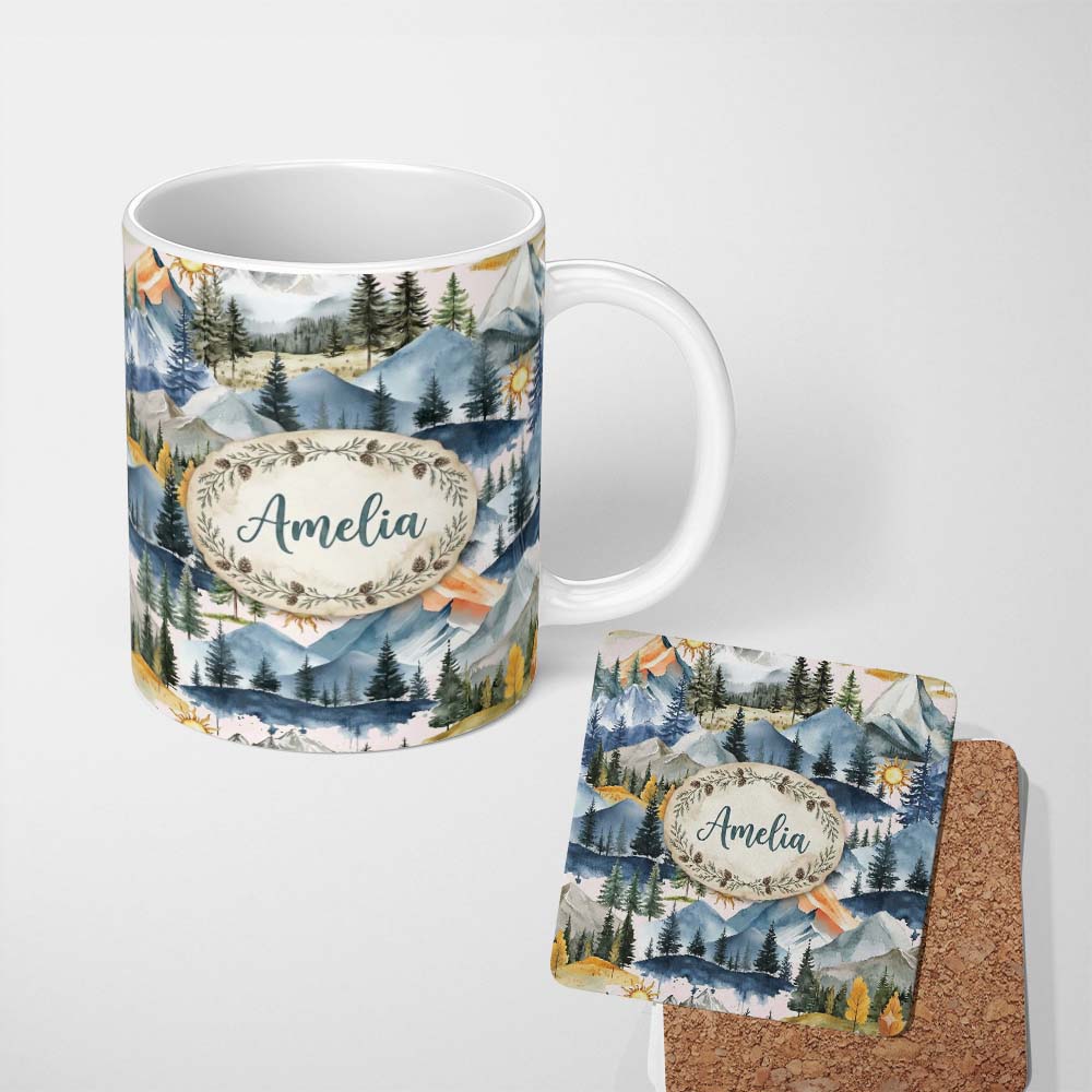 Personalized Custom Name Watercolor Forest Mountains Pine Trees Scenic Light Cream 11oz Ceramic Coffee Tea Mug White Large Handle