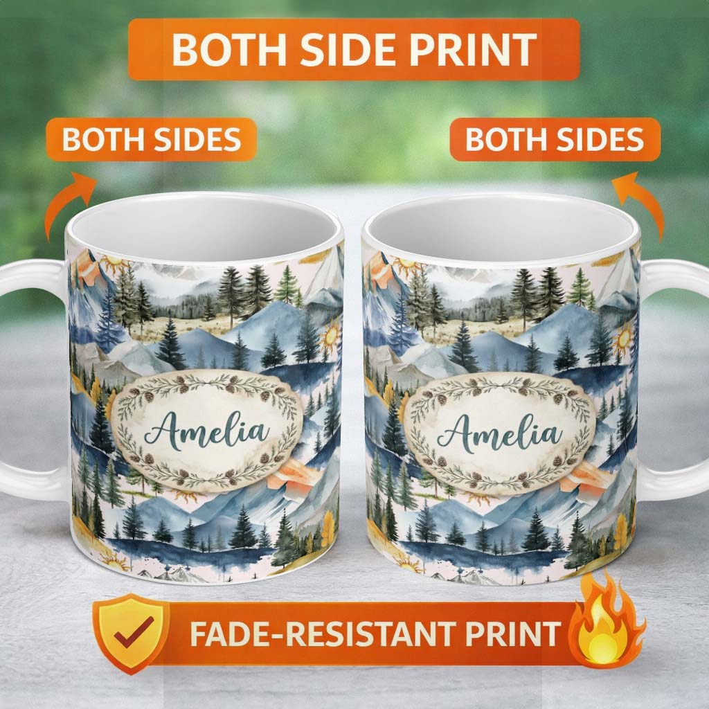 Personalized Custom Name Watercolor Forest Mountains Pine Trees Scenic Light Cream 11oz Ceramic Coffee Tea Mug White Large Handle