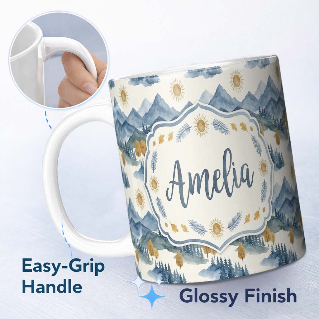 Personalized Custom Name Watercolor Forest Mountains Pine Trees Scenic Soft Green Background 11oz Ceramic Coffee Tea Mug White Large Handle