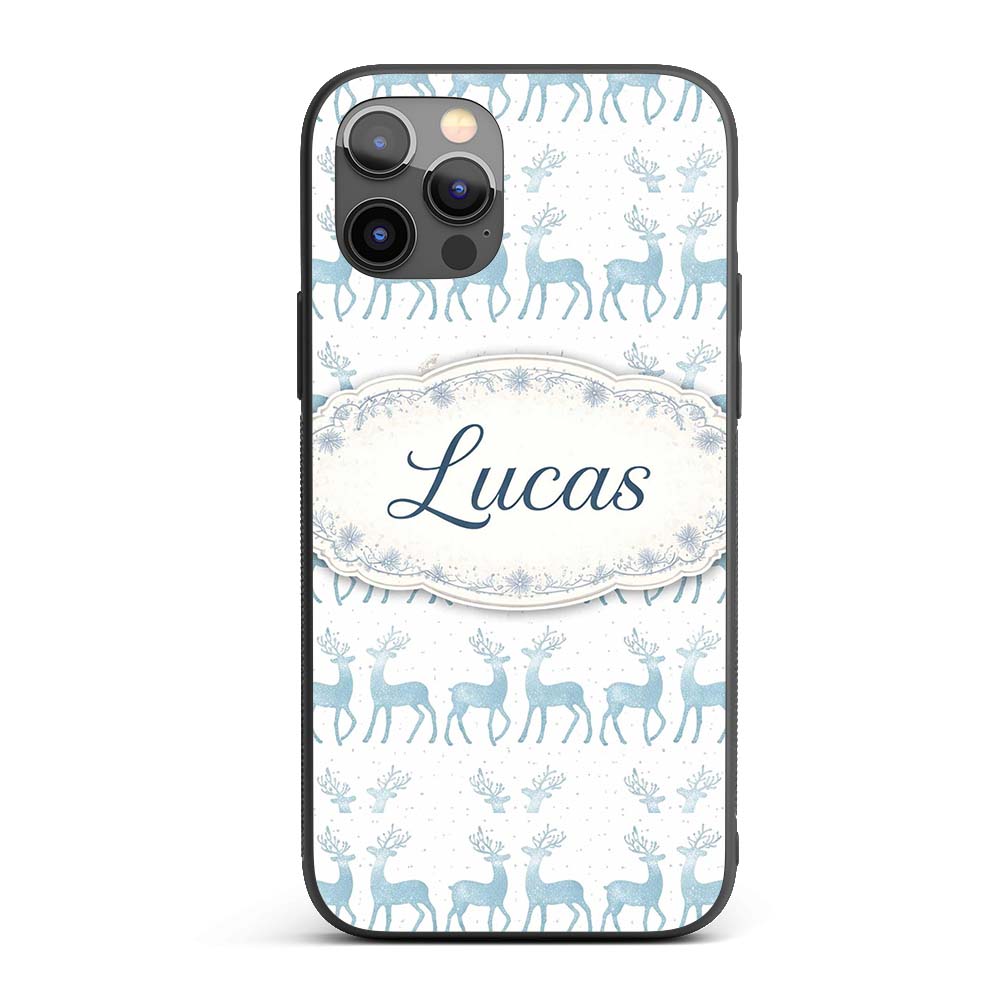 Blue Glitter Reindeer Christmas White Background Custom Name Protective Phone Case Mobile Cover Durable Everyday Smartphone Shock Resistant