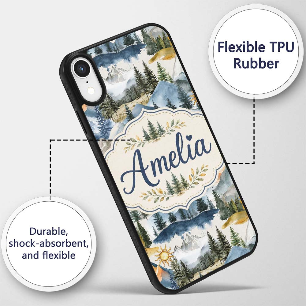 Watercolor Forest Mountain Pine Trees Scenic Custom Name Protective Phone Case Mobile Cover Durable Everyday Smartphone Shock Resistant