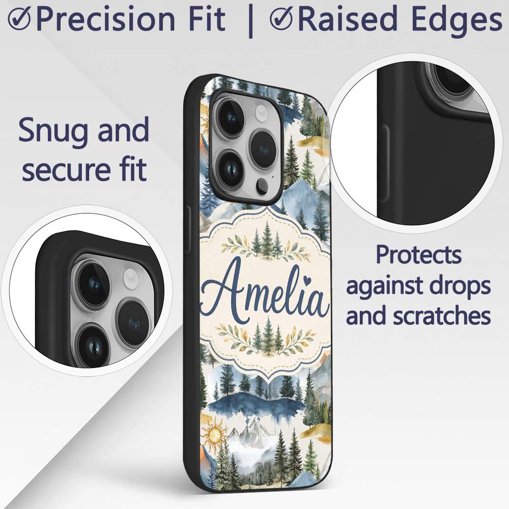Watercolor Forest Mountain Pine Trees Scenic Custom Name Protective Phone Case Mobile Cover Durable Everyday Smartphone Shock Resistant