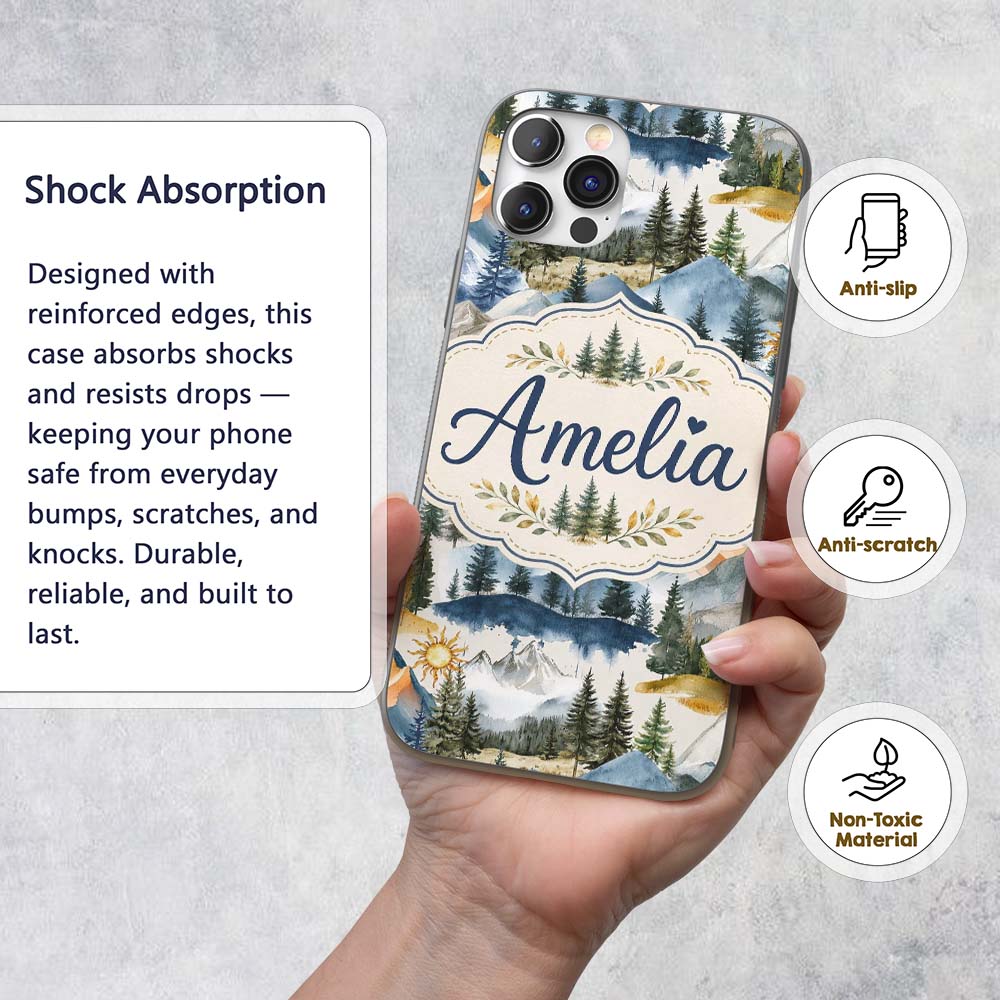 Watercolor Forest Mountain Pine Trees Scenic Custom Name Protective Phone Case Mobile Cover Durable Everyday Smartphone Shock Resistant