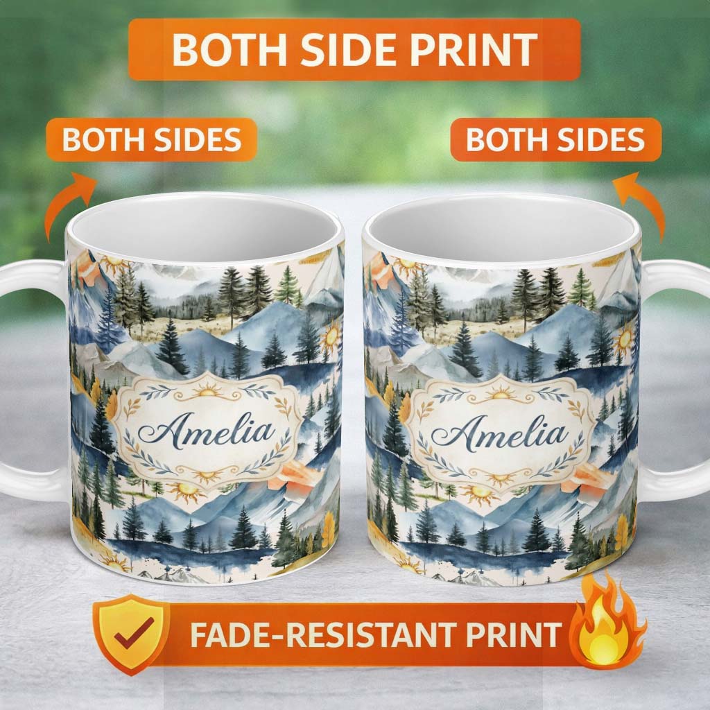 Personalized Custom Name Watercolor Mountain Forest Pine Trees Scenic Soft Neutral 11oz Ceramic Coffee Tea Mug White Large Handle